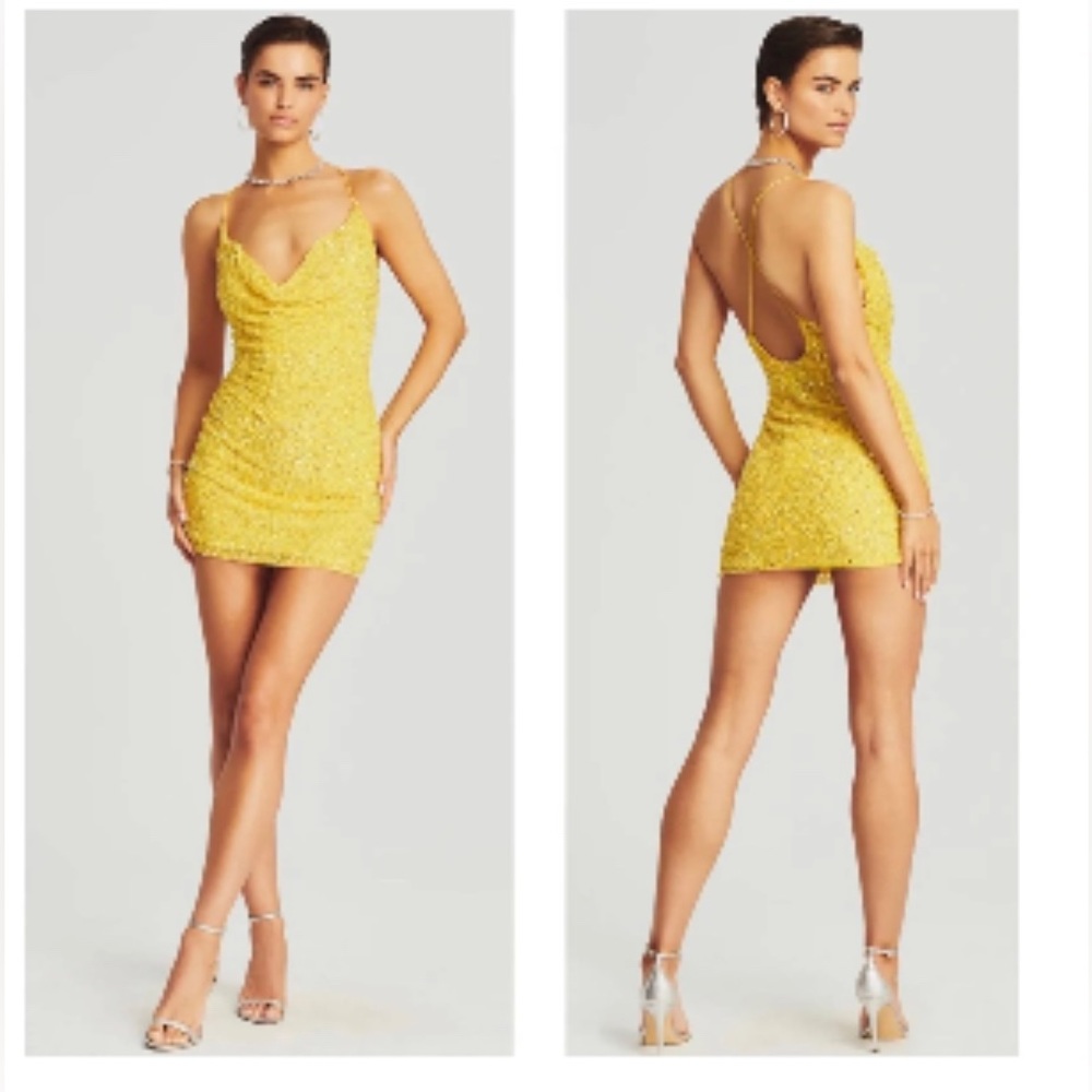 RETROFETE Mich Yellow Sequin Mini Cowl Neck Dress Size M